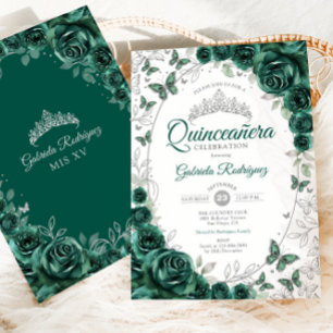Invitation Vert émeraude Argent Floral Quinceanera
