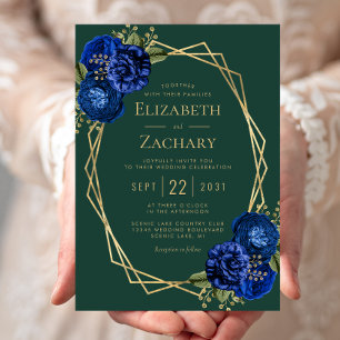 Invitation Vert émeraude Bleu de roi Floral Or Mariage