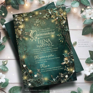 Invitation Vert émeraude de Quinceanera forestière enchantée