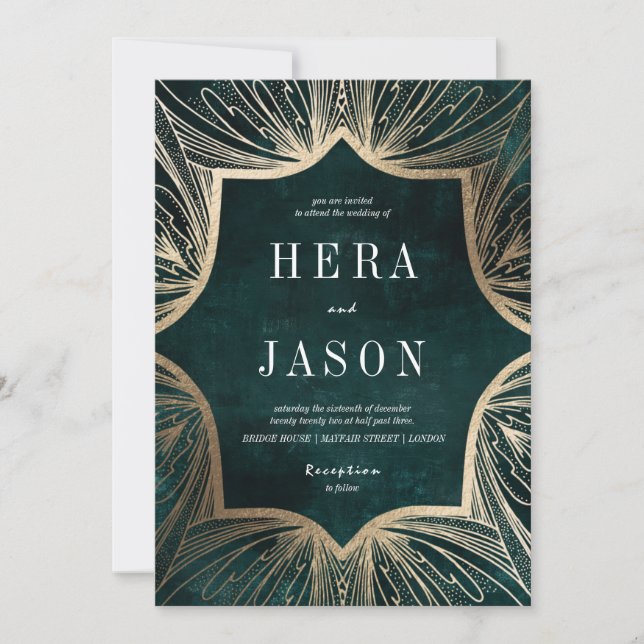 Invitation Vert émeraude foncé et or Faux Art Nouveau (Devant)