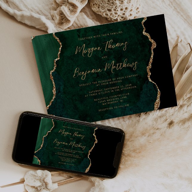 Invitation Vert émeraude Or Mariage Agate Script (Créateur téléchargé)