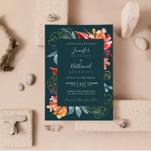 Invitation Vert émeraude rouille orange floral mariage