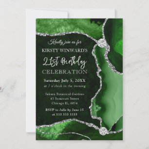 Invitation Vert et argent faux paillettes agate Anniversaire