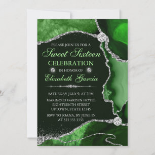 Invitation Vert et argent faux paillettes Agate Sweet Sixteen