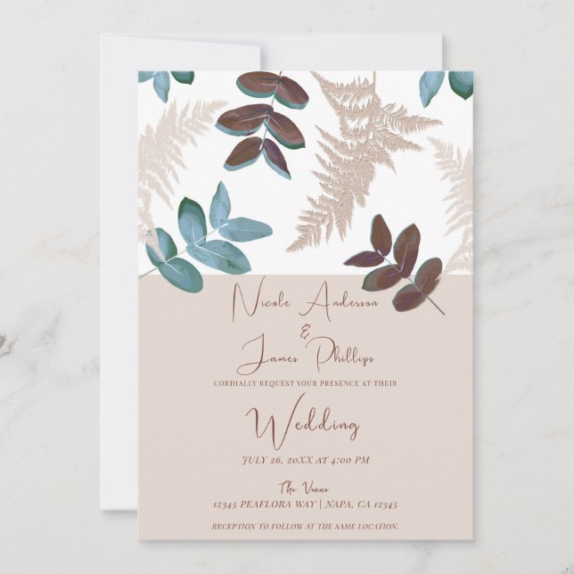 Invitation Vert et Brown Feuille Crème Ecru Mariage (Devant)