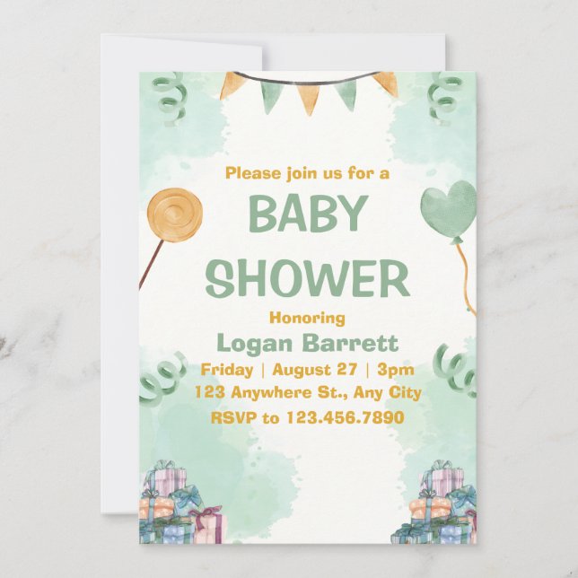 Invitation Vert et Jaune Illustration Baby shower mignon (Devant)