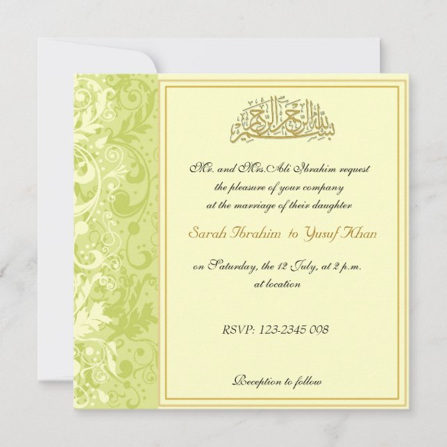 Invitation Vert et mariage musulman de brocard d'or (Devant)