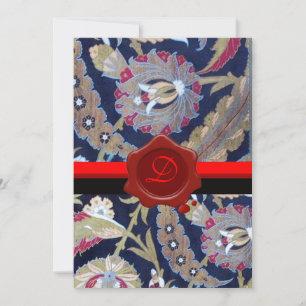 INVITATION VERT ET NOIR BLEU DAMAS, MONOGRAMME À SCEAU DE CIR