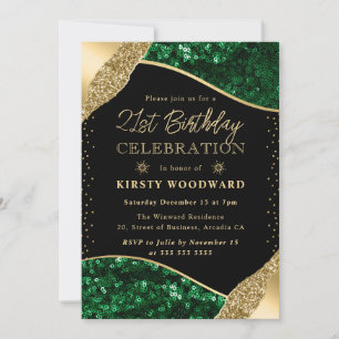 Invitation Vert et Or Paillettes d'Hiver 21e Anniversaire