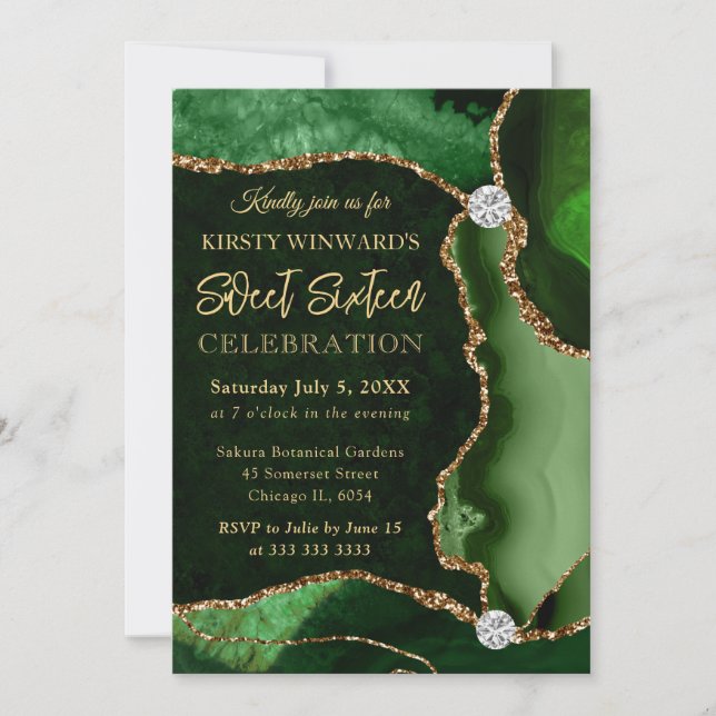 Invitation Vert et or Parties scintillant Faux Agate Sweet 16 (Devant)