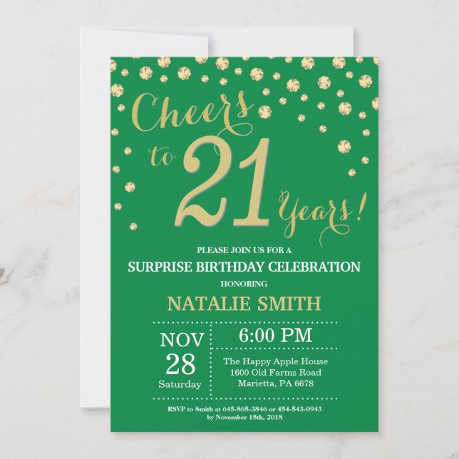 Invitation Vert et or Surprise 21e Anniversaire Diamant (Devant)