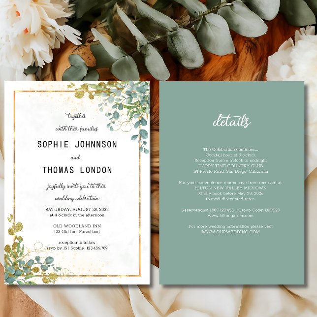 Invitation Vert et or Tout en Un aquarelle d'eucalyptus (Créateur téléchargé)