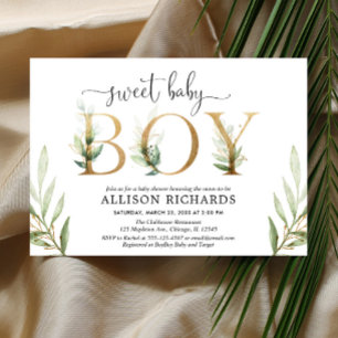 Invitation Vert et or verdure baby shower garçon moderne