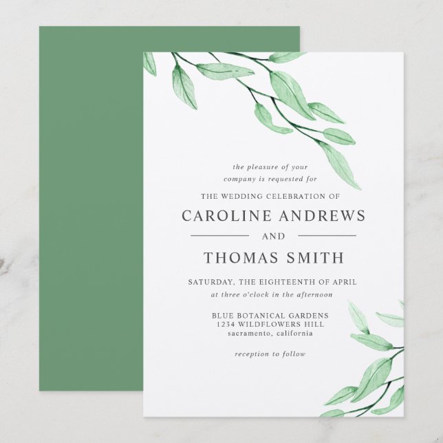 Invitation Vert éthérée | Élégant mariage Feuille botanique (Devant / Derrière)