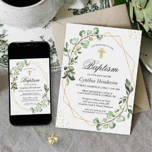 Invitation Vert Eucalyptus Baptême géométrique Christening