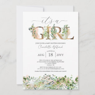 Invitation Vert Eucalyptus rose C'est un Baby shower féminin