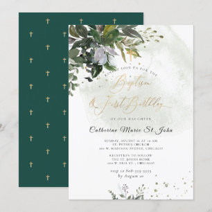 Invitation Vert Eucalyptus Rustique 1er anniversaire Baptême