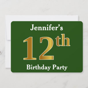 Invitation Vert, Faux Or 12e Anniversaire + Nom Personnalisé