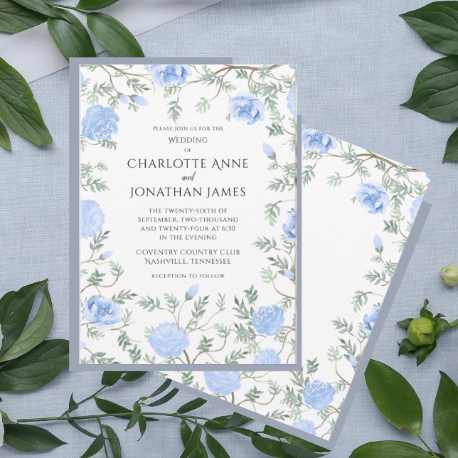 Invitation Vert floral bleu Mariage aquarelle moderne (Créateur téléchargé)