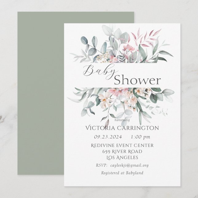 Invitation Vert floral rose Élégant Baby shower (Devant / Derrière)