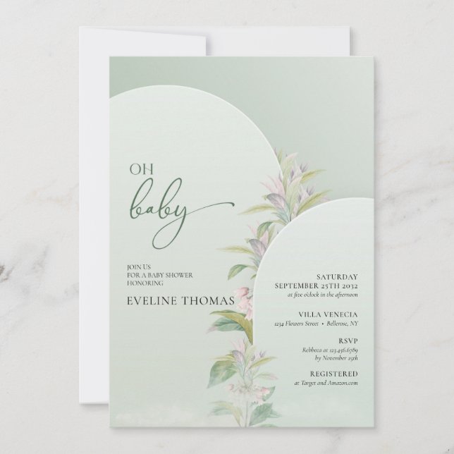 Invitation vert folaige blush floral boho oh bébé (Devant)