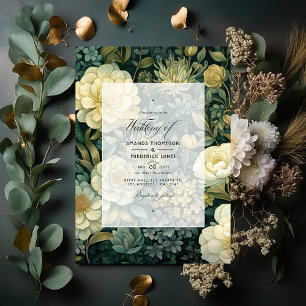 Invitation Vert foncé, crème et or Mariage floral