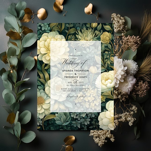 Invitation Vert foncé, crème et or Mariage floral (Créateur téléchargé)