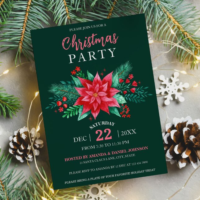 Invitation Vert foncé Elégant Aquarelle Rouge Poinsettia (Red Watercolor Poinsettia Flowers Christmas Party Invitation)