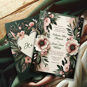 Invitation Vert foncé luxuriant et rose pâle Mariage floral