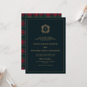 Invitation Vert forêt Or Couronne Monogramme Tartan Hiver