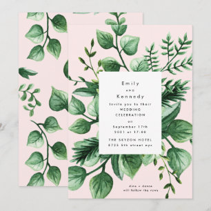Invitation Vert frais Feuilleté Moderne Mariage blanc et rose