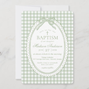Invitation Vert Gingham Coquette Nœud Baptême