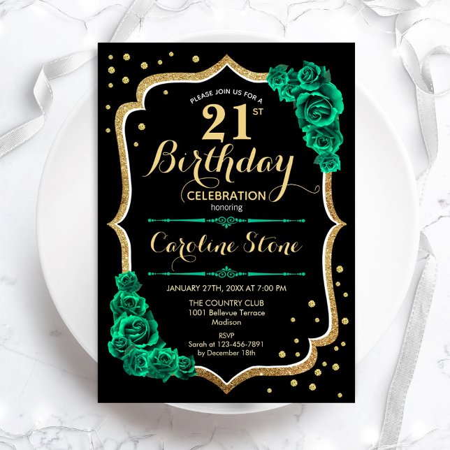 Invitation Vert Gold Black Feminine 21e anniversaire (Créateur téléchargé)