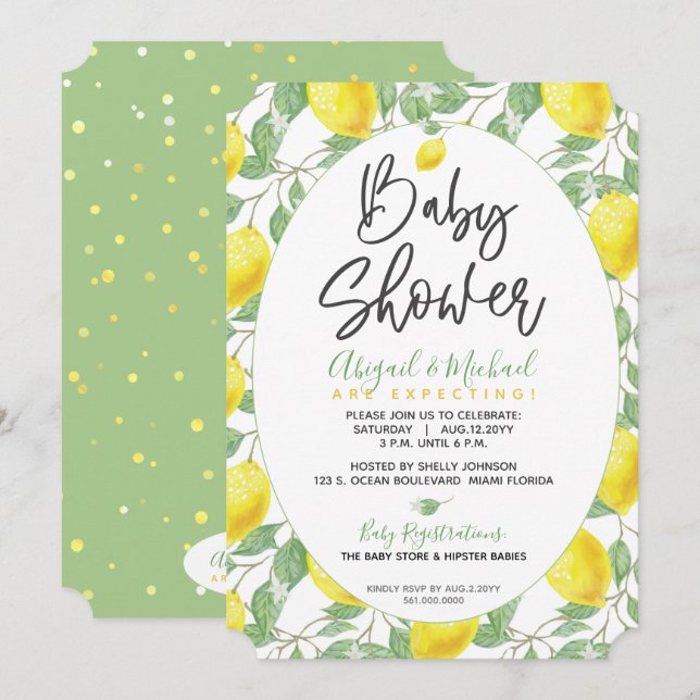Invitation Vert jaune Boho Lemon Sexe Baby shower neutre (Devant / Derrière)