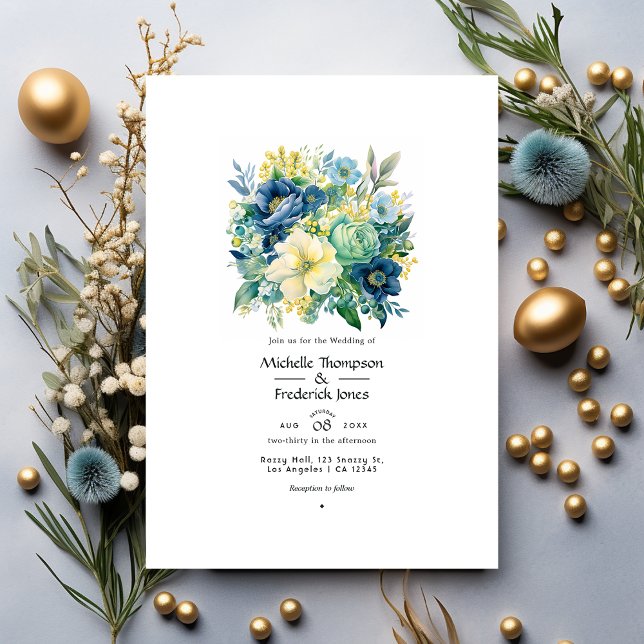 Invitation Vert, Marine, Bleu pâle et Mariage Floral Or (Créateur téléchargé)