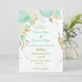 Invitation vert menthe et fleurs blanches or fleuri mariage