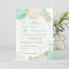 Invitation vert menthe et fleurs blanches or fleuri mariage