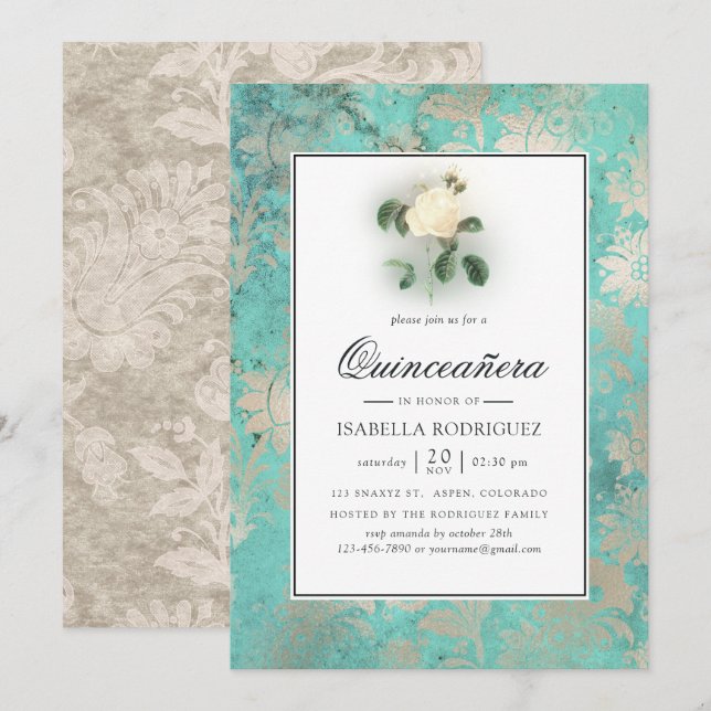 Invitation Vert menthe et floral damasquiné perle pour Quince (Devant / Derrière)