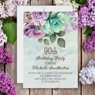 Invitation Vert Menthe Fleur Papillon 90e Anniversaire 
