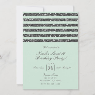 Invitation Vert menthe pétillant et rayures de paillettes arg