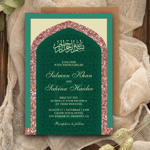 Invitation Vert Menthe Rose Doré Paillettes Mihrab Mariage Mu