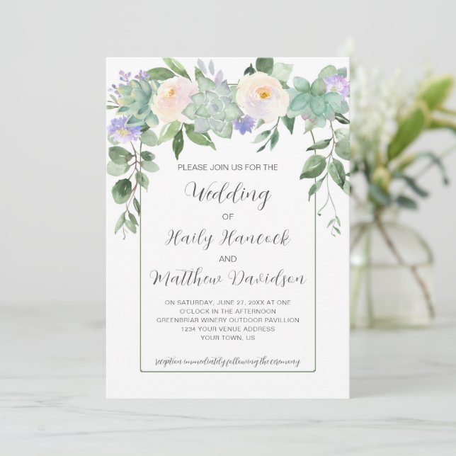 Invitation Vert menthe, violet, blanc Mariage floral (Debout devant)