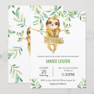 Invitation Vert mignon Sloth Baby shower garçon