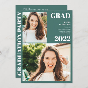 Invitation Vert moderne blanc 3 photos graduation