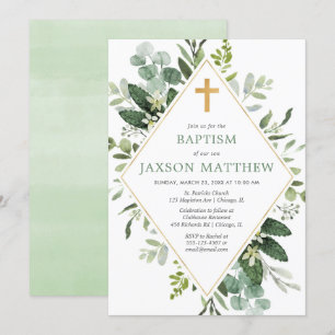 Invitation Vert moderne eucalyptus vert or baptême