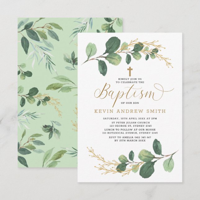 Invitation Vert moderne Gold Boy Girl Baptism (Devant / Derrière)