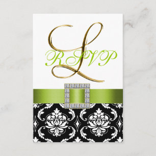 Invitation Vert Noir Blanc Damas Initiale L Mariage RSVP