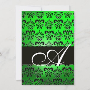 Invitation VERT NOIR DAMAS MONOGRAMME, blanc brillant