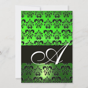 Invitation VERT NOIR DAMAS MONOGRAMME, blanc brillant