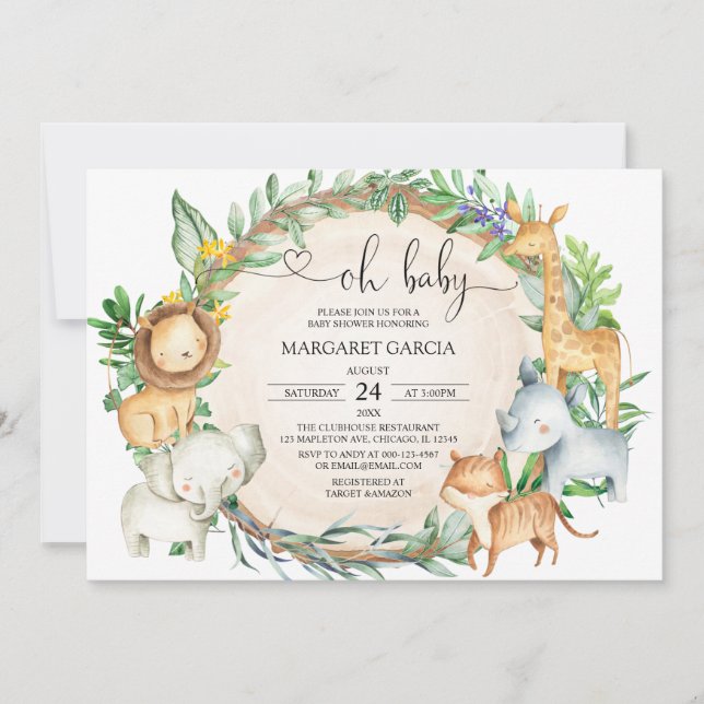 Invitation Vert Oh Baby Jungle Safari Animaux Baby shower (Devant)
